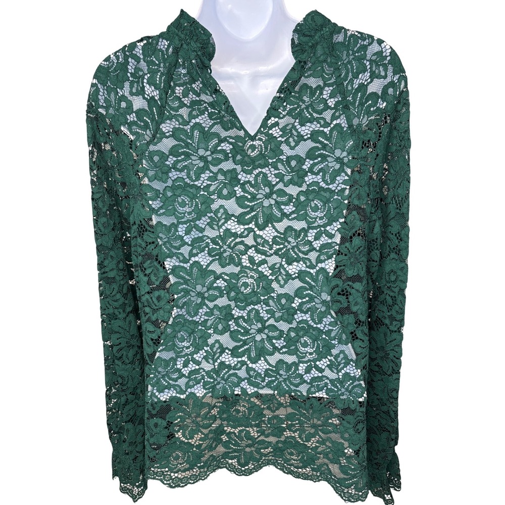 NWT Hill House Womens Green Floral Lace Long Sleeve Ruffle Blouse Sz S Victorian - Picture 2 of 9